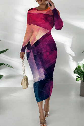 Purple Casual Print Patchwork O Neck Wrapped Skirt Dresses