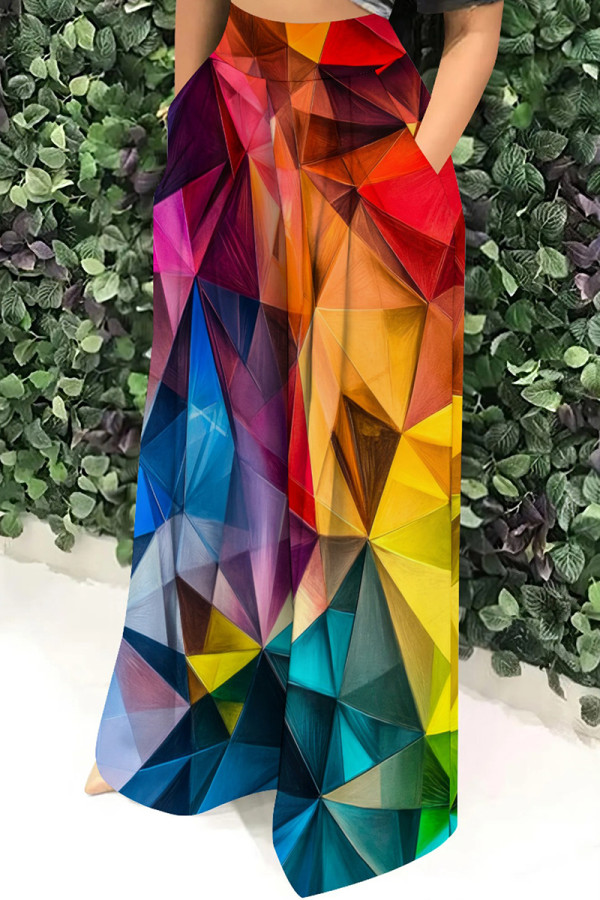 Multicolor Casual Print Pocket Patchwork Loose High Waist Wide Leg Full Print Bottoms