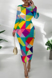 Colour Casual Print Patchwork O Neck Wrapped Skirt Dresses