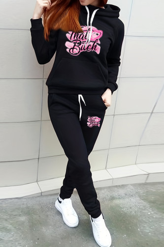 Black Casual Print Draw String Pocket Patchwork Hooded Long Sleeve Two Pieces