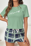 Baby Blue Casual Living Plaid Letter Print Draw String Sleepwear
