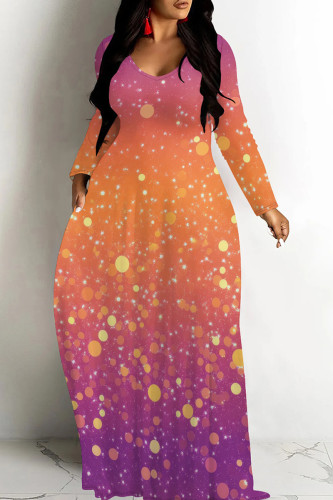 Purple Orange Casual Print Patchwork O Neck Long Dresses