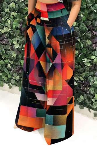 Black Red Casual Print Pocket Patchwork Loose High Waist Wide Leg Full Print Bottoms