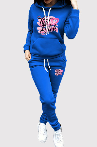 Blue Casual Print Draw String Pocket Patchwork Hooded Long Sleeve Two Pieces