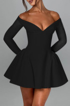 Black Sexy Solid Color Patchwork Backless Off Shoulder A Line Dresses