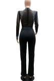 Black Casual Solid Color Patchwork Hot Drill Zipper O Neck Regular Jumpsuits