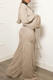 Khaki Casual Solid Color Draw String Pocket Patchwork Zipper Zipper Collar Long Sleeve Two Pieces