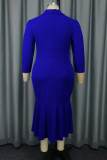 Blue Party Formal Elegant Solid Color Patchwork Turndown Collar Fishtail Dresses