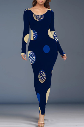 Navy Blue Casual Street Floral Print Contrast O Neck Printed Dresses