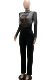 Black Casual Solid Color Patchwork Hot Drill Zipper O Neck Regular Jumpsuits