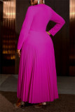 Rose Red Party Formal Solid Color Patchwork Bow Decor V Neck Pleated Dresses