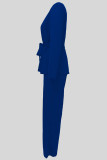 Royal Blue Casual Solid Color Patchwork Strap Design O Neck Long Sleeve Two Pieces