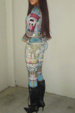 Colour Casual Print Patchwork O Neck Long Sleeve Two Pieces