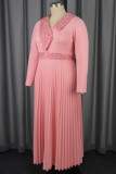 Pink Casual Party Solid Color Sequins Patchwork V Neck Pleated Dresses