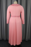 Pink Casual Party Solid Color Sequins Patchwork V Neck Pleated Dresses