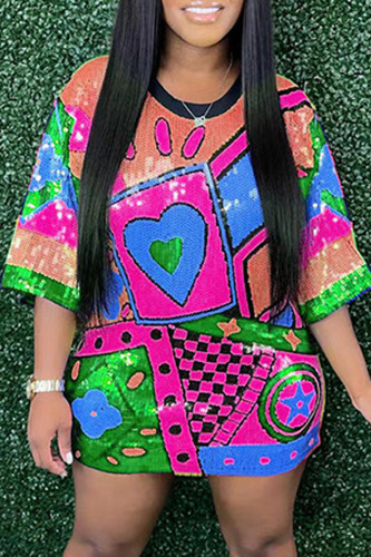 Rose Red Casual Sequins Patchwork O Neck Straight Dresses