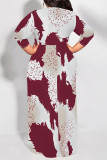 Beige Casual Street Geometric Print Lace Up Contrast Scarf Collar Printed Plus Size Dresses