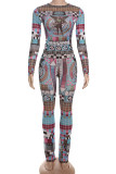 Colour Casual Print Patchwork O Neck Long Sleeve Two Pieces