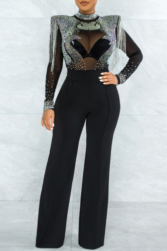 Black Casual Solid Color Patchwork Hot Drill Zipper O Neck Regular Jumpsuits