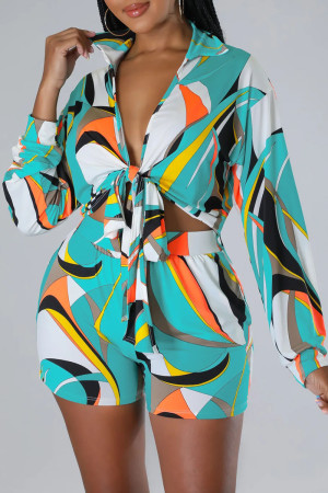 Green Casual Print Pocket Patchwork Strap Design Cardigan Collar Long Sleeve Two Pieces