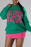 Green Casual Letters Basic O Neck Tops