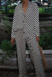 Black Casual Stripe Buckle Patchwork Contrast Turndown Collar Long Sleeve Two Pieces
