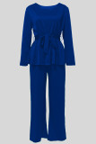 Royal Blue Casual Solid Color Patchwork Strap Design O Neck Long Sleeve Two Pieces