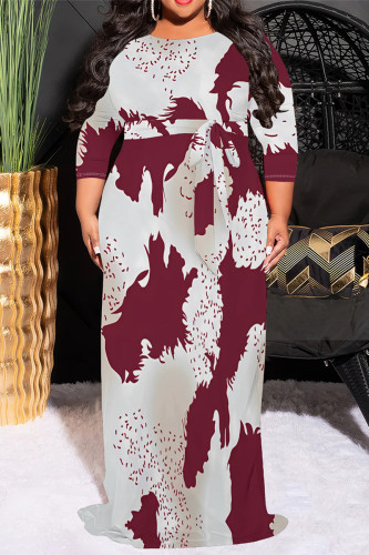 Burgundy Casual Street Geometric Print Lace Up Contrast Scarf Collar Printed Plus Size Dresses