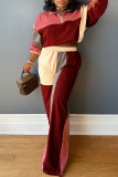 Rose Red Casual Draw String Patchwork Zipper Contrast Zipper Collar Long Sleeve Two Pieces