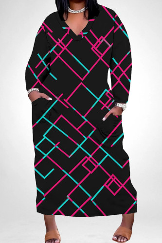 Black Rose Red Casual Print Pocket Patchwork V Neck Straight Plus Size Dresses