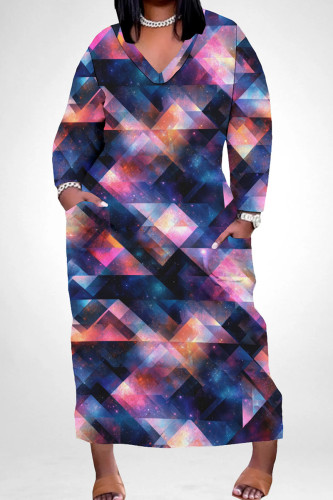 Blue Casual Print Pocket Patchwork V Neck Straight Plus Size Dresses