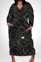 Black Casual Print Pocket Patchwork V Neck Straight Plus Size Dresses