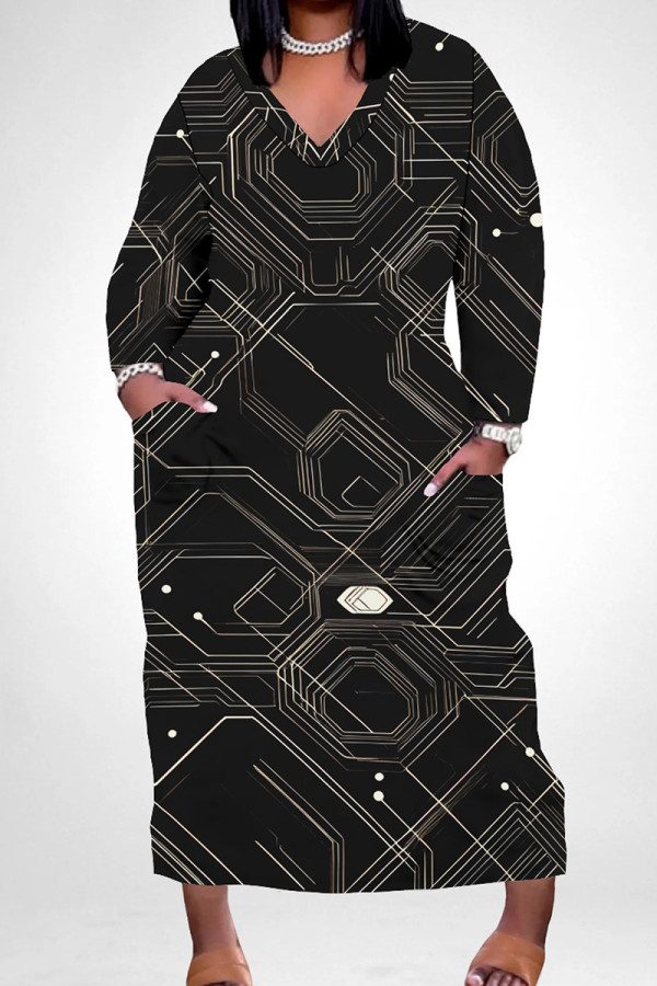 Black Casual Print Pocket Patchwork V Neck Straight Plus Size Dresses