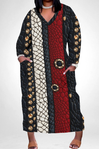 Red Black Casual Print Pocket Patchwork V Neck Straight Plus Size Dresses