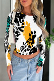 Coffee Casual Street Geometric Print Leopard Contrast O Neck Tops