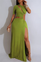 Green Sexy Casual Solid Color Hollow Out Slit O Neck Long Dresses