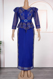 Blue Elegant Solid Color Patchwork Slit Hot Drill Zipper V Neck Long Plus Size Dresses
