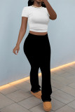 White Red Casual Street Solid Color Contrast O Neck Short Sleeve Two Pieces