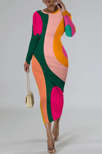 Multicolor Elegant Geometric Print Contrast O Neck Printed Dresses