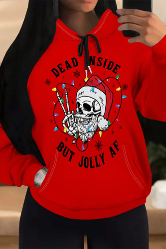 Red White Casual Party Skull Head Cartoon Print Letters Draw String Pocket Hooded Tops