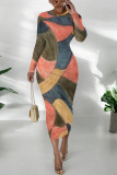 Multicolor Elegant Geometric Print Contrast O Neck Printed Dresses