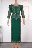 Blue Elegant Solid Color Patchwork Slit Hot Drill Zipper V Neck Long Plus Size Dresses