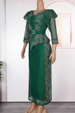 Blue Elegant Solid Color Patchwork Slit Hot Drill Zipper V Neck Long Plus Size Dresses