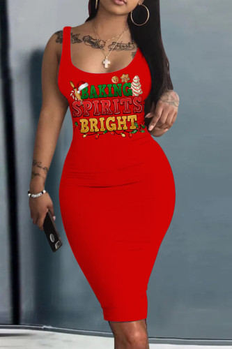 Red Green Casual Print Basic U Neck Vest Dresses