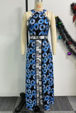 Blue Casual Elegant Print Patchwork O Neck Long Dresses