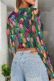 Blue Purple Casual Street Geometric Print Contrast O Neck Tops