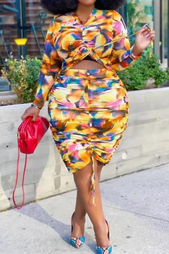 Yellow Casual Print Draw String Patchwork O Neck Plus Size Two Pieces