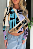 Blue Purple Casual Street Geometric Print Contrast O Neck Tops