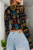 Blue Purple Casual Street Geometric Print Contrast O Neck Tops