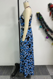 Blue Casual Elegant Print Patchwork O Neck Long Dresses